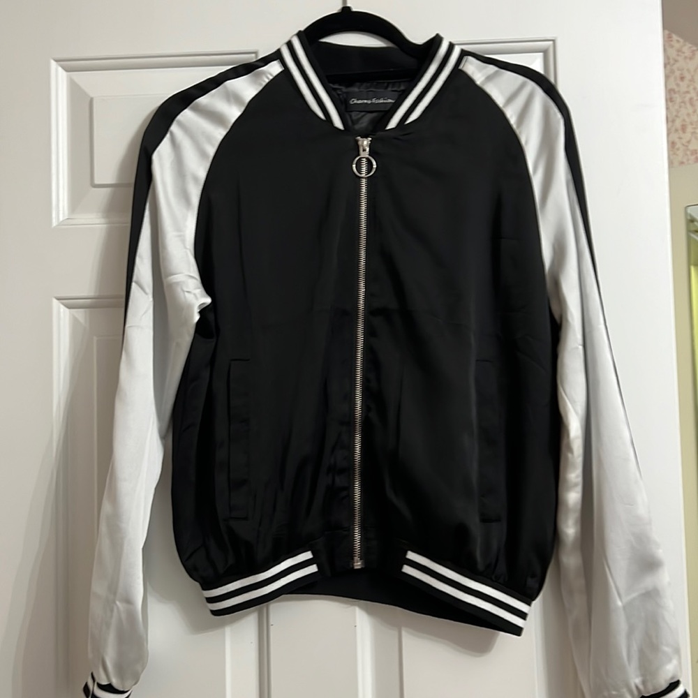 Charms fashion black and white satin bomber jacket